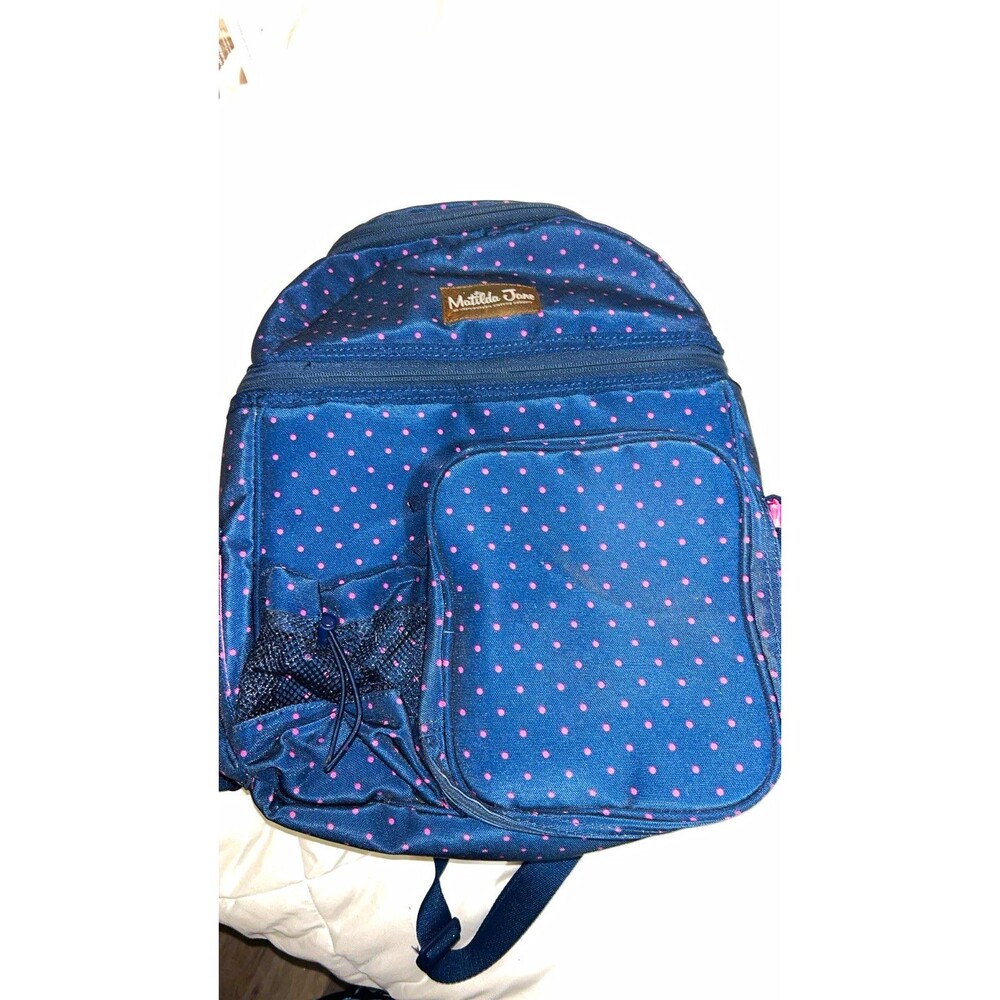 Matilda Jane Girls Blue/Pink Polka Dot Zip Backpack Adjustable Straps Pockets